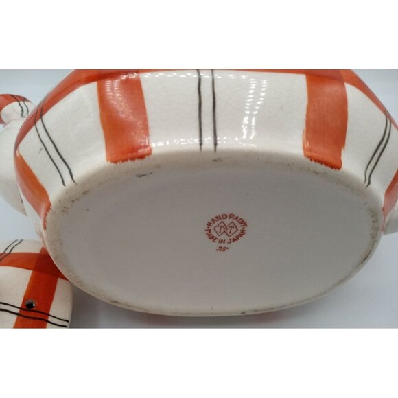 Red Plaid Teapot Vintage Takito Company Japan Hand Painted Crazed 9 Inch Serving - Picture 15 of 16